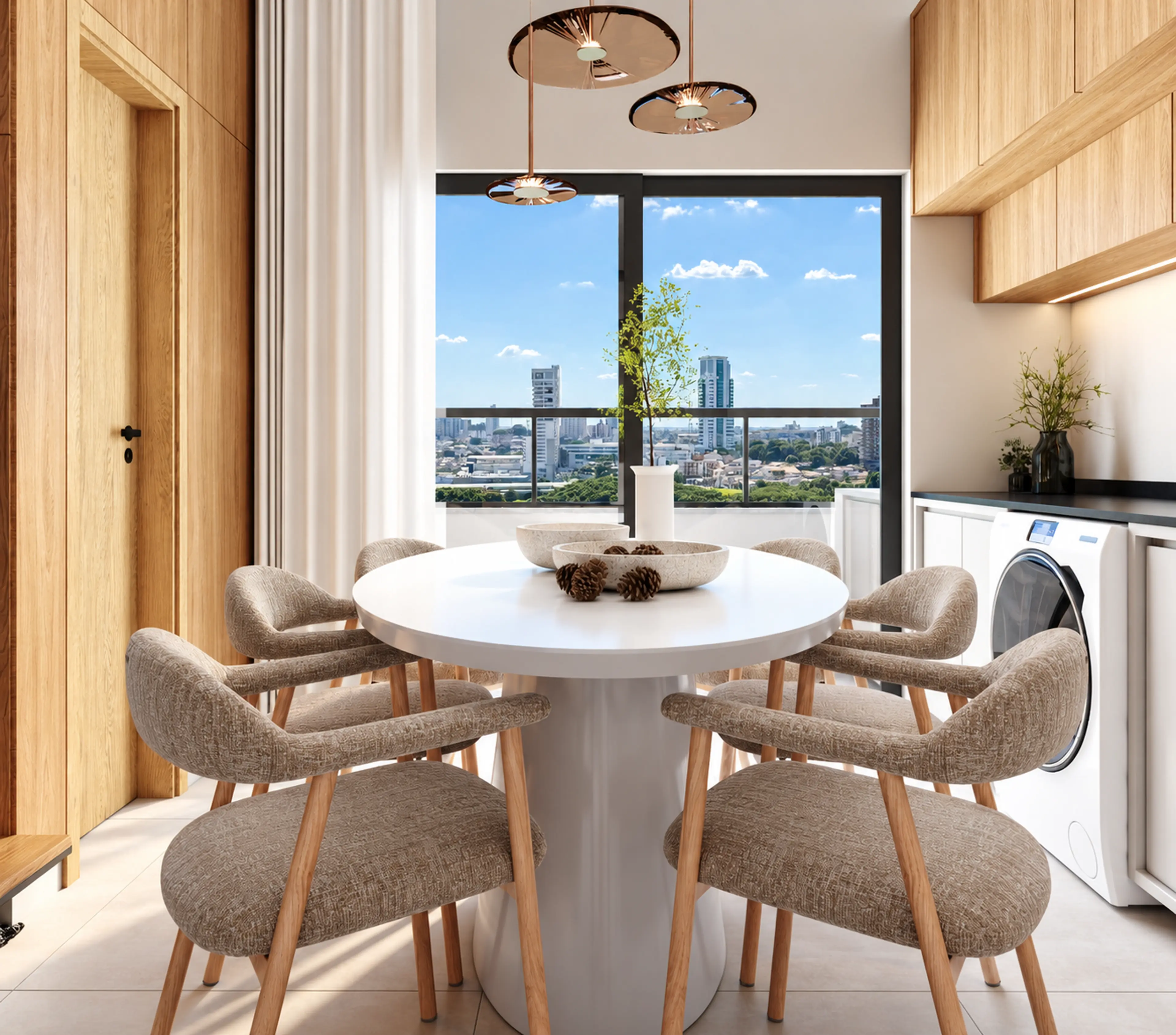 Ambiente integrado com sala de jantar e varanda do Plazza Sabiá